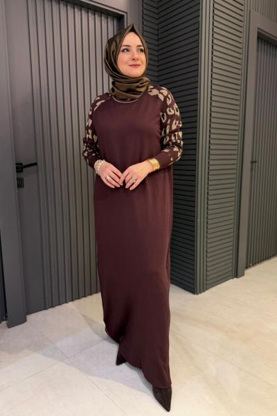 Kol Leopar Detaylı Triko Elbise Kahve