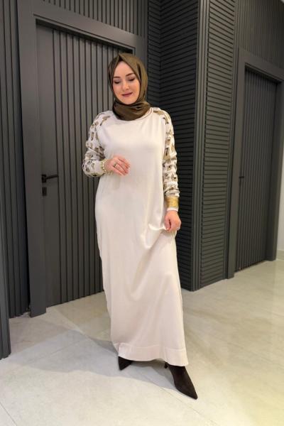 Kol Leopar Detaylı Triko Elbise Bej