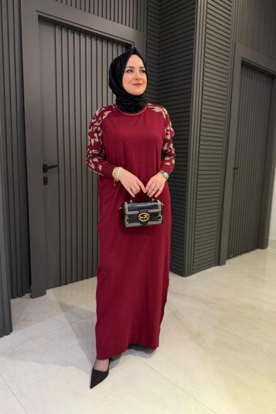 Kol Leopar Detaylı Triko Elbise Bordo