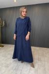 Düğme Detaylı Nubuk Elbise Lacivert