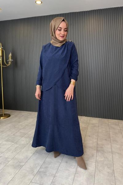Düğme Detaylı Nubuk Elbise Lacivert