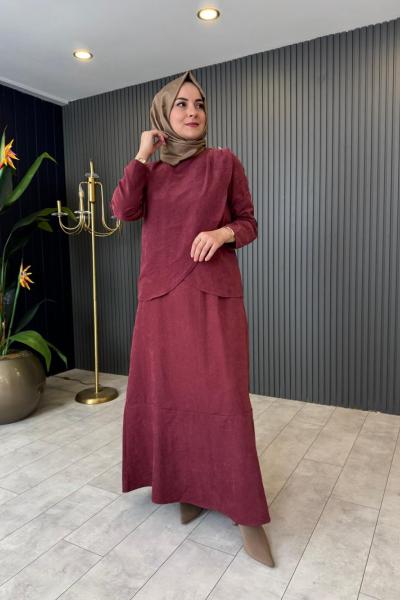 Düğme Detaylı Nubuk Elbise Bordo