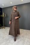 Düğme Detaylı Nubuk Elbise Kahverengi
