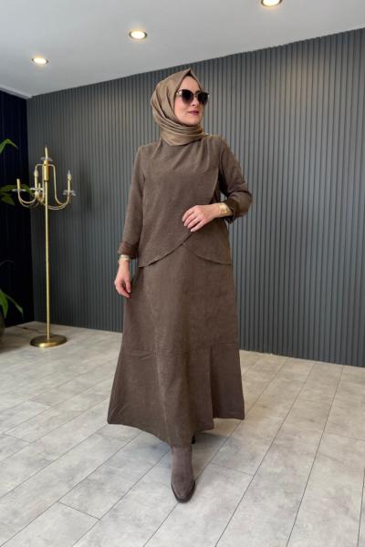 Düğme Detaylı Nubuk Elbise Kahverengi