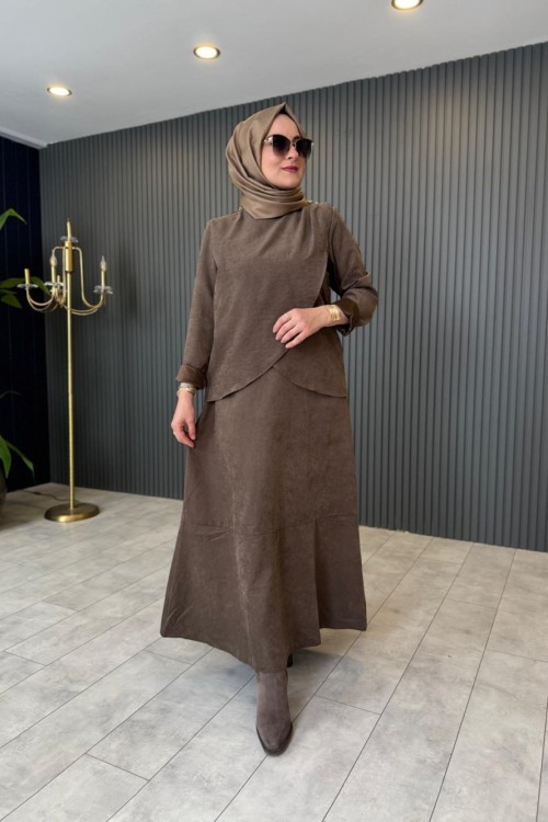 Düğme Detaylı Nubuk Elbise Kahverengi