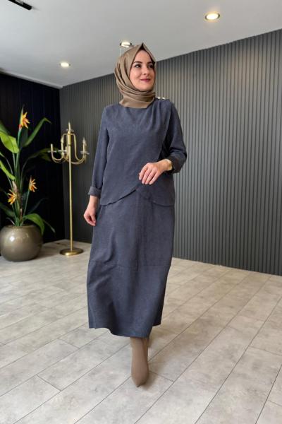 Düğme Detaylı Nubuk Elbise Antrasit