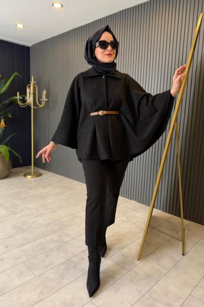 Kemer Detaylı Keçe Panço Siyah