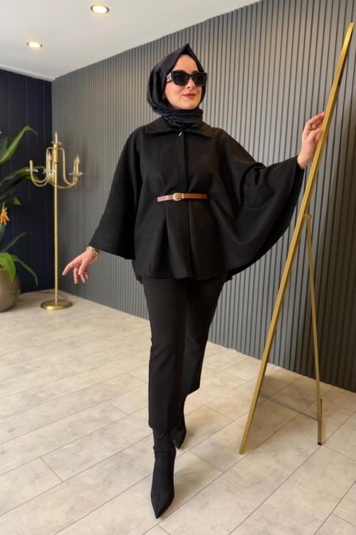 Kemer Detaylı Keçe Panço Siyah