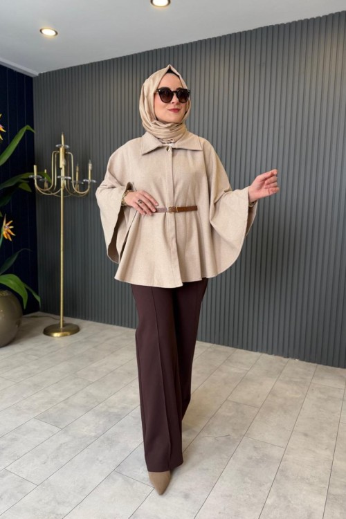 Kemer Detaylı Keçe Panço Bej