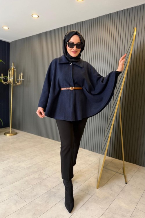 Kemer Detaylı Keçe Panço Lacivert