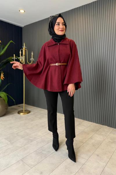 Kemer Detaylı Keçe Panço Bordo