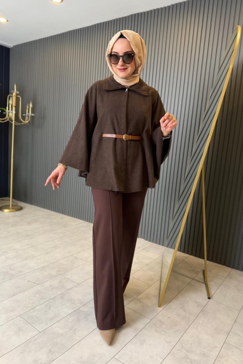 Kemer Detaylı Keçe Panço Kahve