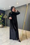 Broş Detaylı Kadife Elbise Siyah