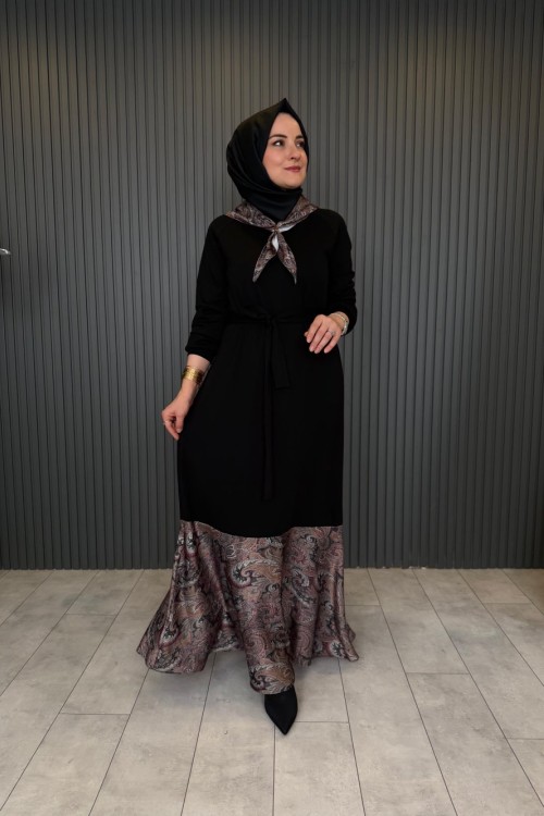 Fular Detaylı Oxford Tasarım Elbise Siyah