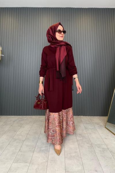 Fular Detaylı Oxford Tasarım Elbise Bordo