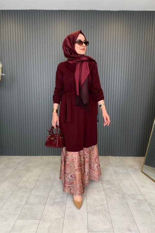 Fular Detaylı Oxford Tasarım Elbise Bordo