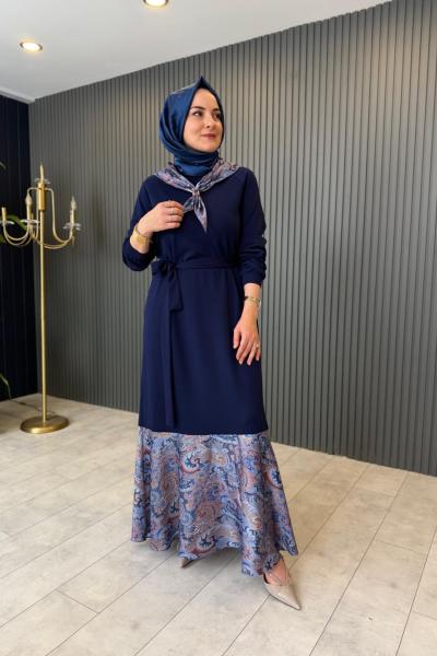 Fular Detaylı Oxford Tasarım Elbise Lacivert