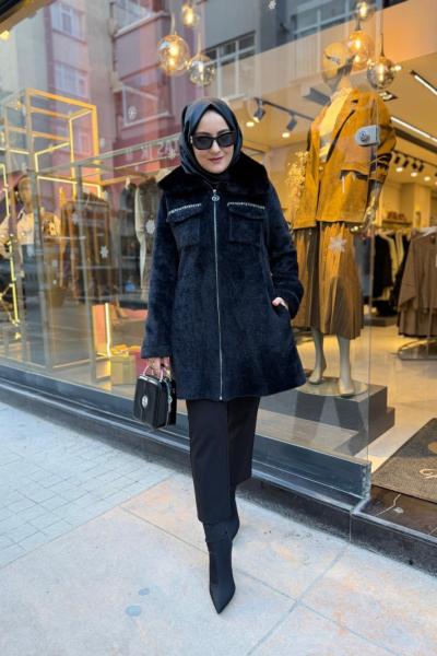 Taş Detaylı Angora Kaban Siyah