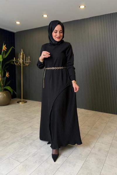 Pilise Detaylı Milano Elbise Siyah