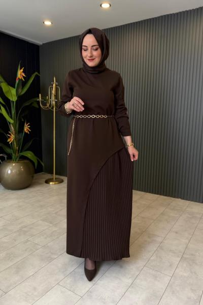 Pilise Detaylı Milano Elbise Kahve