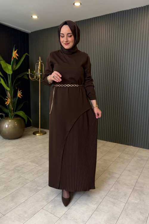 Pilise Detaylı Milano Elbise Kahve