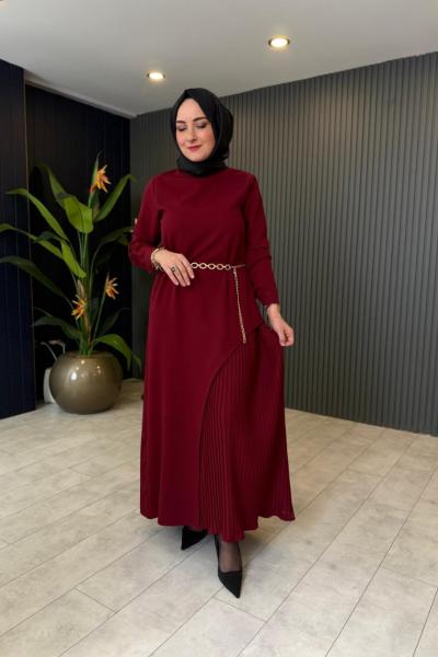 Pilise Detaylı Milano Elbise Bordo