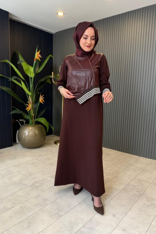 Deri Ribana Detaylı Elbise Kahve