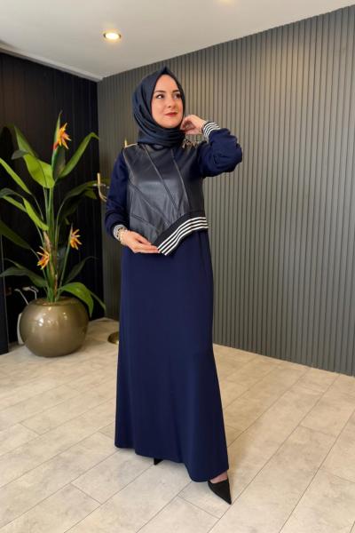 Deri Ribana Detaylı Elbise Lacivert