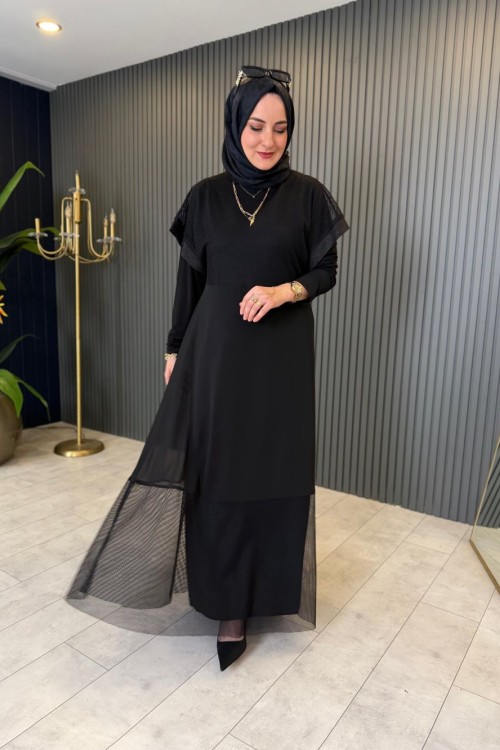File Detaylı Şifon İkili Elbise Siyah