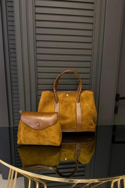 Deri Detaylı Nubuk Çanta Vizon