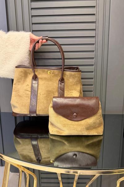 Deri Detaylı Nubuk Çanta Camel