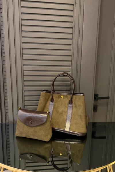 Deri Detaylı Nubuk Çanta Haki