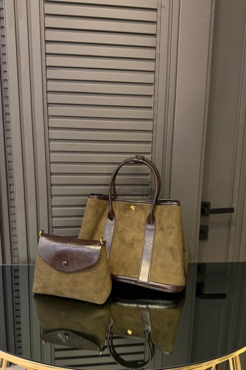 Deri Detaylı Nubuk Çanta Haki