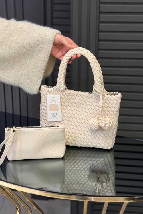 Levidor Charmlı Örgü Model El Çantası Krem