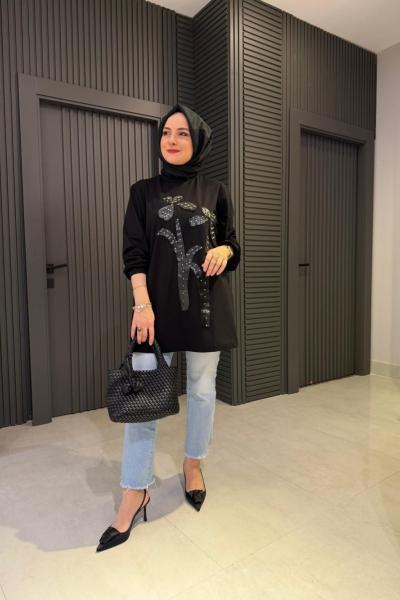 Deri ve Boncuk İşlemeli Sweat Shirt Siyah