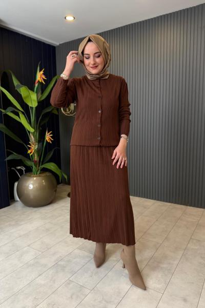 Düğme Detay Triko Etekli Takım Kahve