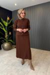 Düğme Detay Triko Etekli Takım Kahve