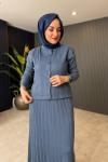 Düğme Detay Triko Etekli Takım Mavi