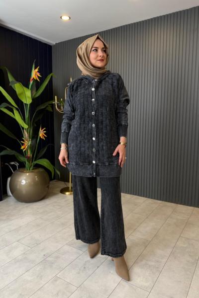 Kapüşonlu Dokulu Pantolonlu Takım Siyah