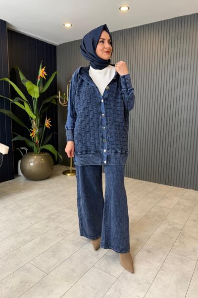 Kapüşonlu Dokulu Pantolonlu Takım Lacivert