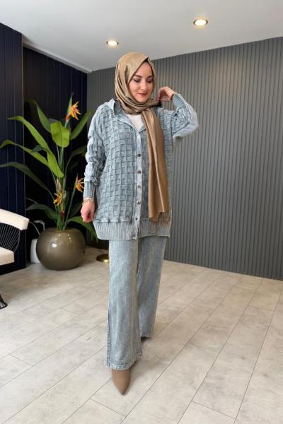 Kapüşonlu Dokulu Pantolonlu Takım Gri