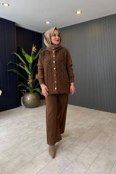 Kapüşonlu Dokulu Pantolonlu Takım Kahve