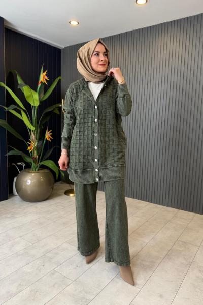 Kapüşonlu Dokulu Pantolonlu Takım Haki