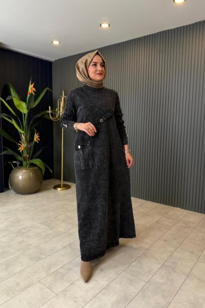 Cepli Düğme Detaylı Kot Elbise Siyah