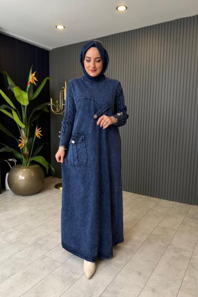 Cepli Düğme Detaylı Kot Elbise Lacivert