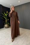 Cepli Düğme Detaylı Kot Elbise Kahve