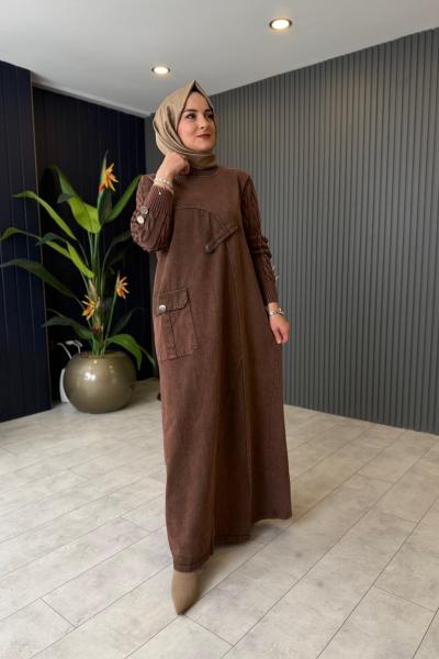 Cepli Düğme Detaylı Kot Elbise Kahve