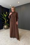 Cepli Düğme Detaylı Kot Elbise Kahve