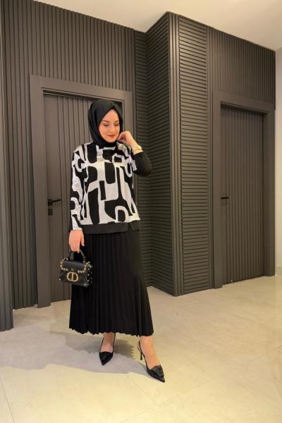 Blok Desenli Ecrin Etekli Takım Siyah-Gri