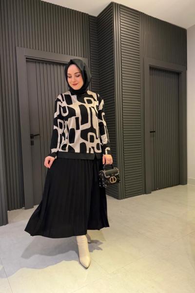 Blok Desenli Ecrin Etekli Takım Siyah-Bej